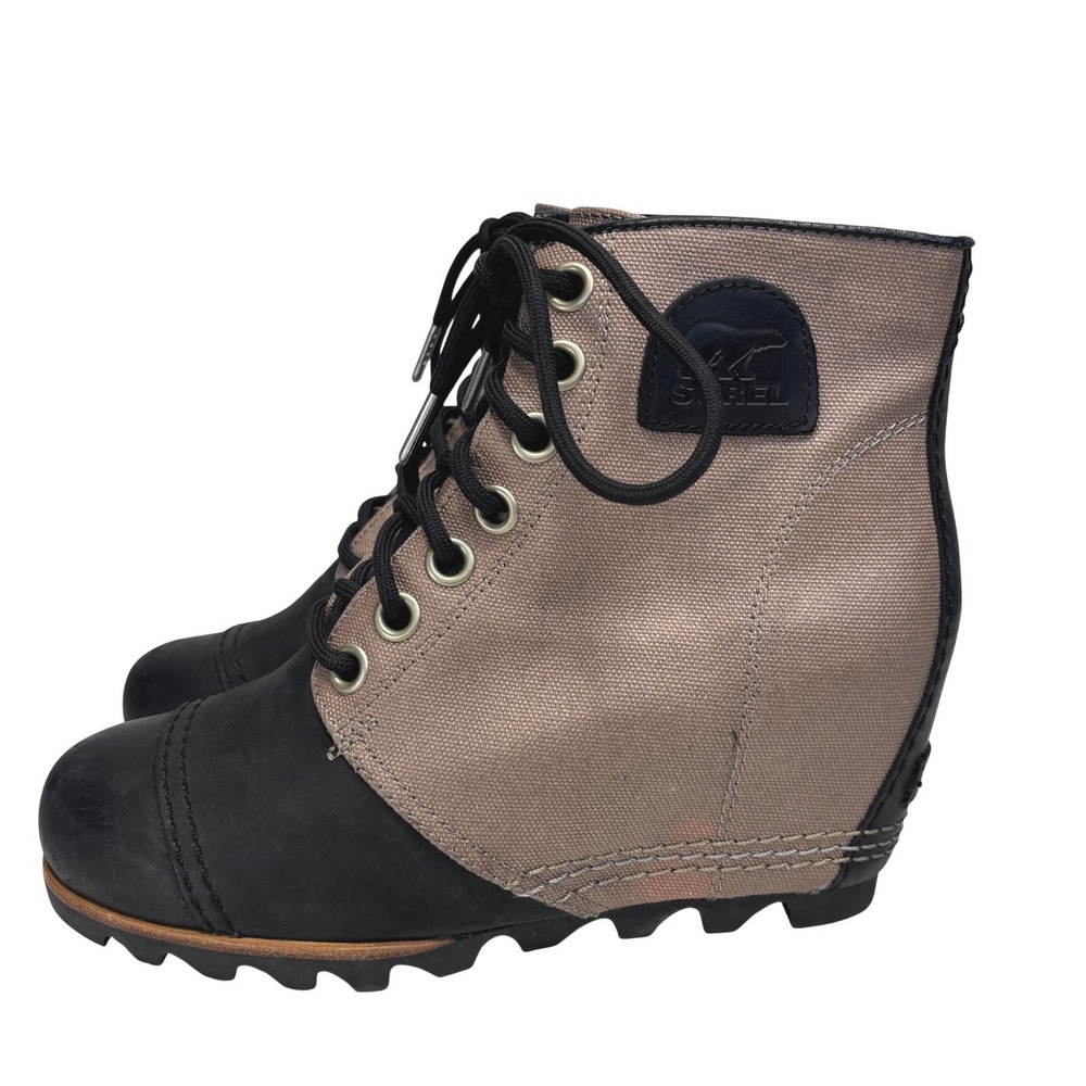 Sorel PDX Hidden Wedge Ankle Boots Black Canvas Leather Lace Up Cap Toe Size 8